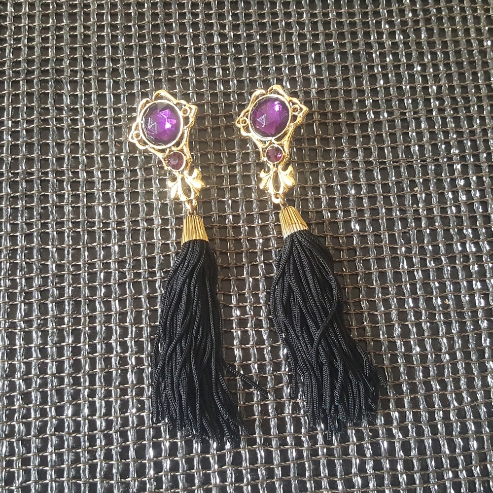 Purple Gold Tone Tassle Duster Pierced Earrings